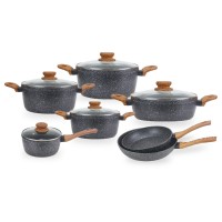 marble granite wooden touch cookware set casserole pot sauce pan frying pan set