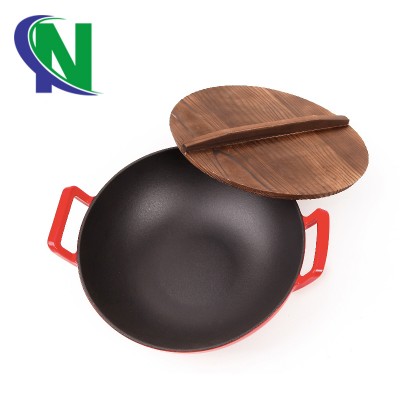 Cast iron enamel fry pan with wood lid