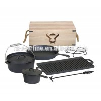 7pcs Cast Iron Camping Dutch Oven wooden box set