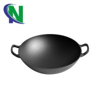 36cm Professional Chinese Cast Iron Kitchen Binaural Wok Pan With Wooden Lid